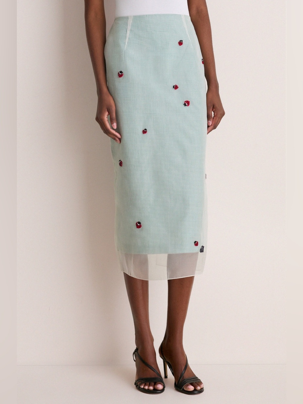 Bernadette Lady Bug Embroidered Microvichy Green Roxane Skirt Size 10 EU Size 42